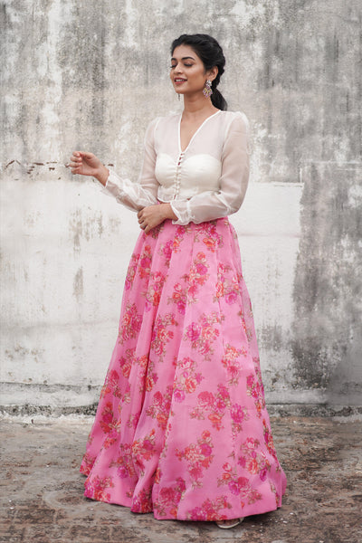 Pink Floral Organza Lehenga