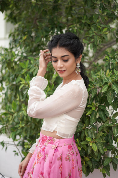 Pink Floral Organza Lehenga