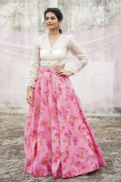 Pink Floral Organza Lehenga