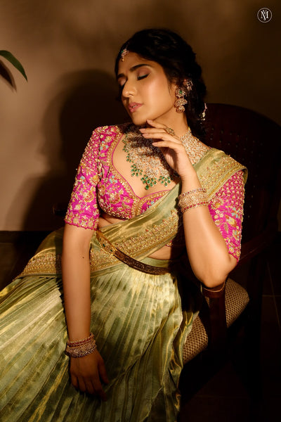 Sage Green And Rani Pink Kanchee Tissue Lehenga