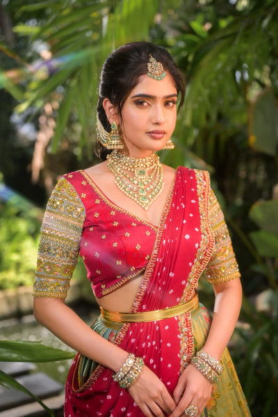 Antique Sage And Ruby Red Silk Lehenga With Bandhini Shawl