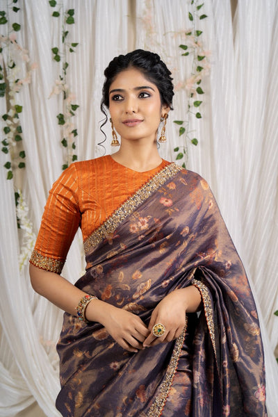 Deep Amethyst Floral Tissue Saree