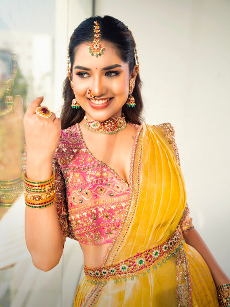 Marigold Yellow With Soft Peach Silk Lehenga