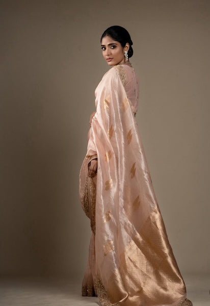 Peach Tissue Embroidered Saree With Blouse