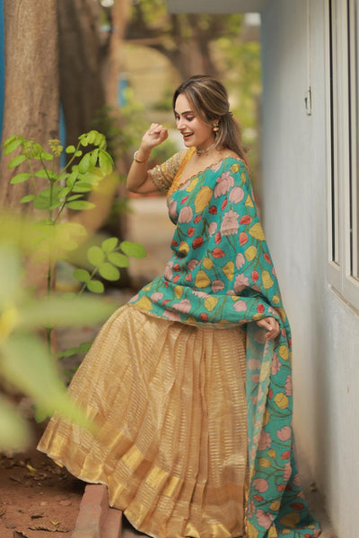 Gold Striped Lehenga with Kalamkari Dupatta