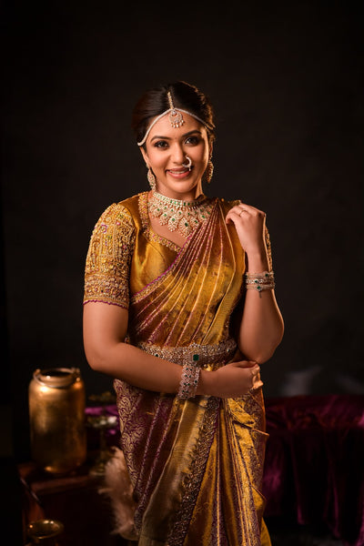 Gold Regal Purple Kanchee Tissue Saree With Blouse
