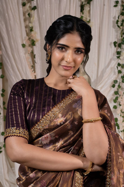Antique Bronze Brown Floral Tissue Saree