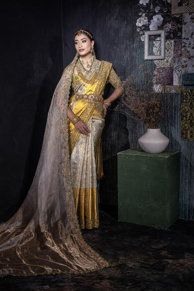 Temple Gold Zari Kanchee Tissue Saree Without Shawl