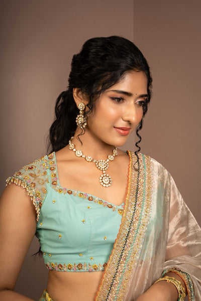 Aqua Breeze Blue With Mustard Gold Silk Lehenga