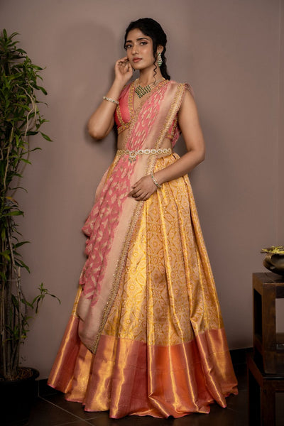 Peach Pink With Mustard Gold Silk Lehenga