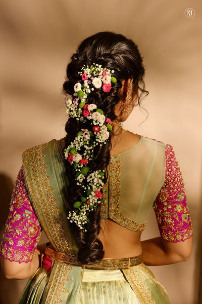 Sage Green And Rani Pink Kanchee Tissue Lehenga