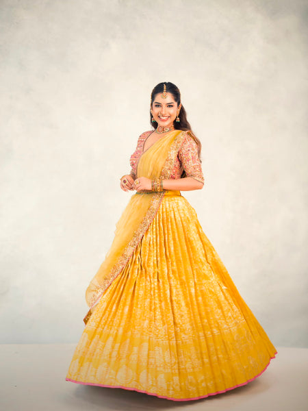 Marigold Yellow With Soft Peach Silk Lehenga
