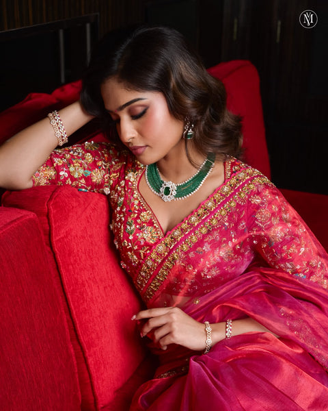 Pink Tissue Embroidered Saree With Blouse