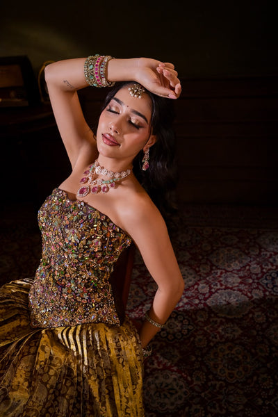 Plum Bronze Gold Corset With Kanchee Silk Tissue Skirt