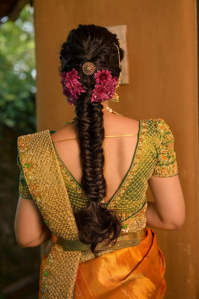 Burnt Orange With Teal Embroidery Silk Tissue Saree