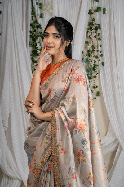 Ivory Grey Floral Tissue Saree