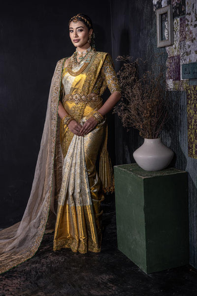 Temple Gold Zari Kanchee Tissue Saree Without Shawl