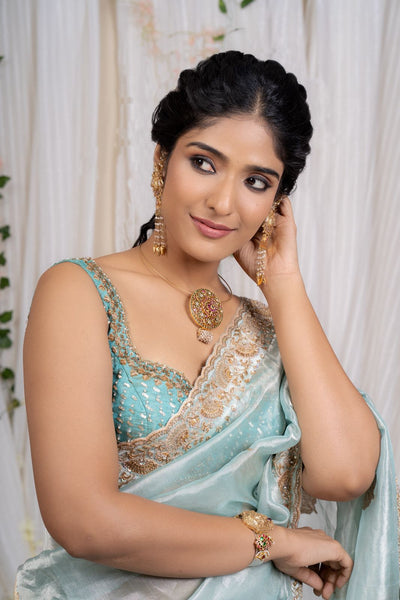 Aqua Mist Tissue Embroidered Saree With Blouse