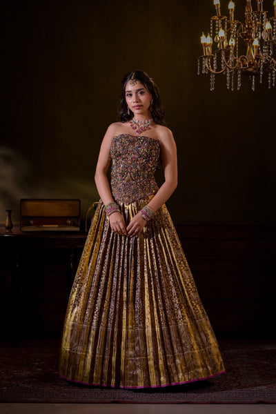 Plum Bronze Gold Corset With Kanchee Silk Tissue Skirt