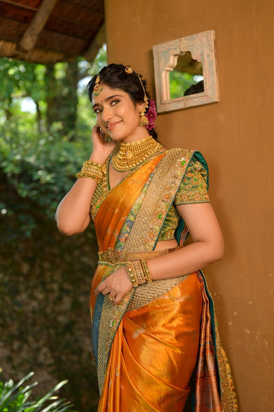 Burnt Orange With Teal Embroidery Silk Tissue Saree