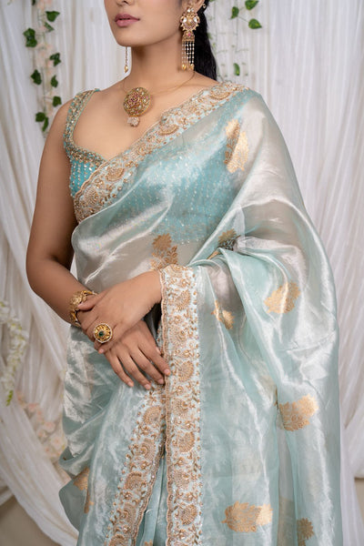 Aqua Mist Tissue Embroidered Saree With Blouse