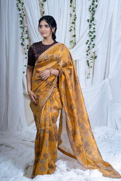 Mustard Yellow Floral Tissue Saree