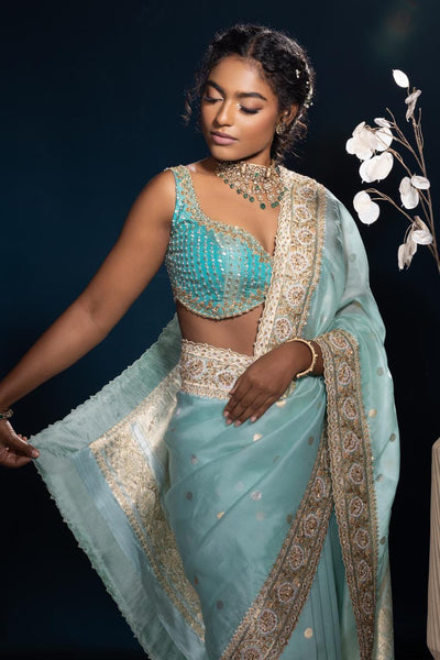 Aqua Mist Tissue Embroidered Saree