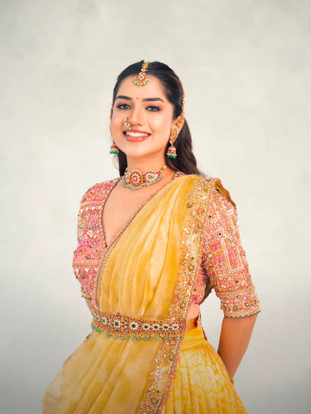 Marigold Yellow With Soft Peach Silk Lehenga