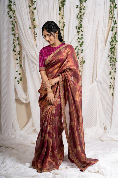 Mulberry Wine Floral Tissue Saree