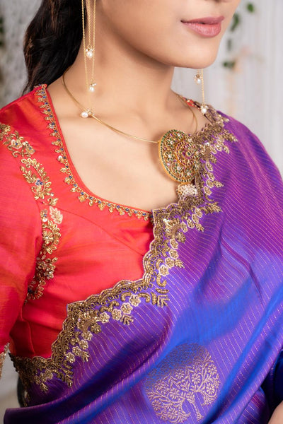Royal Purple With Coral Pink Kanjeevaram Silk Saree With Blouse