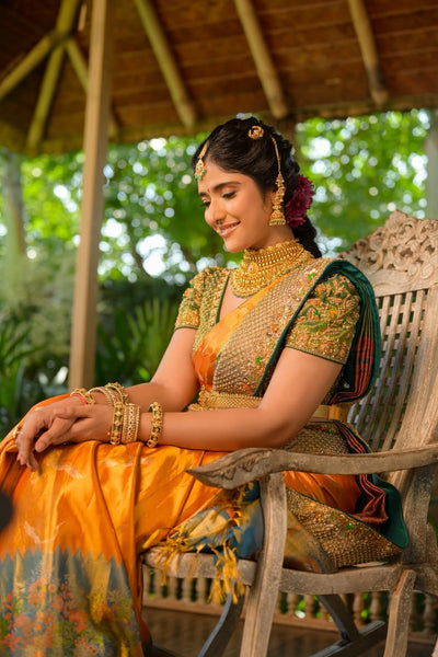Burnt Orange With Teal Embroidery Silk Tissue Saree