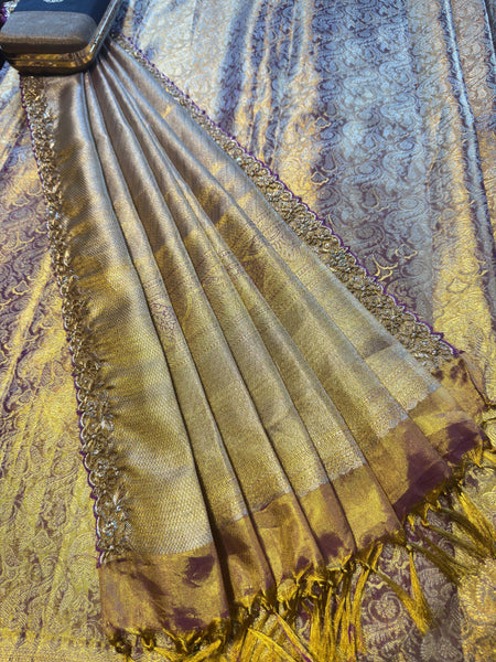 Gold Regal Purple Kanchee Tissue Saree