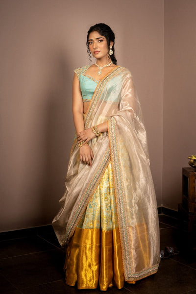 Aqua Breeze Blue With Mustard Gold Silk Lehenga