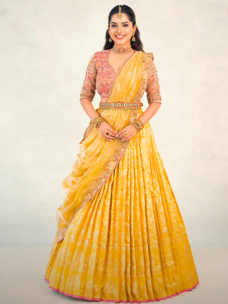 Marigold Yellow With Soft Peach Silk Lehenga