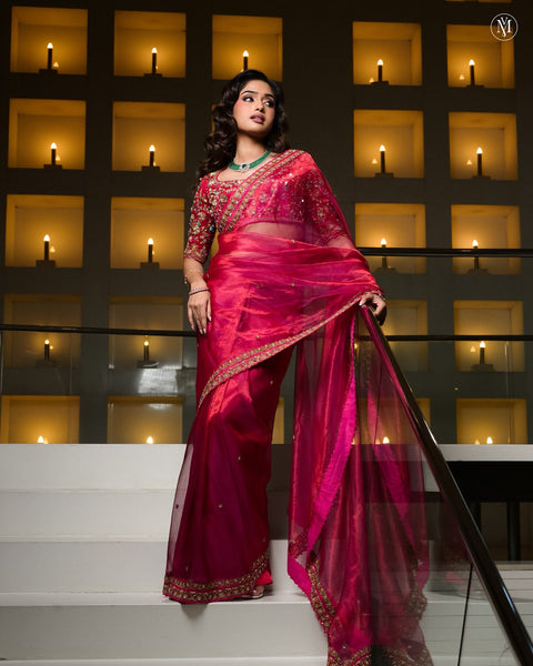 Pink Tissue Embroidered Saree With Blouse
