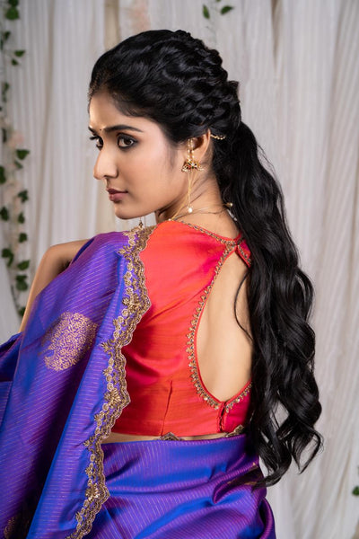 Royal Purple With Coral Pink Kanjeevaram Silk Saree With Blouse