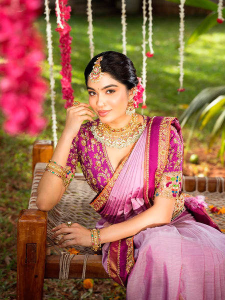 Lavender & Royal Magenta Kancheepuram Silk Saree – Double Border
