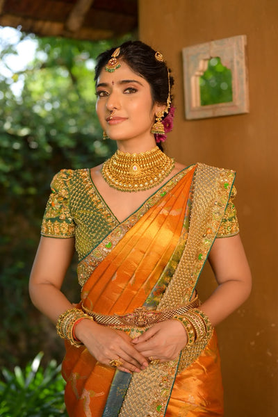 Burnt Orange With Teal Embroidery Silk Tissue Saree