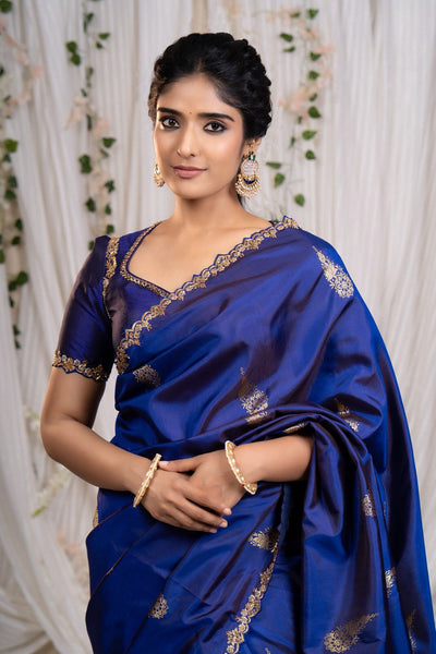 Midnight Royal Blue Kanjeevaram Silk Saree With Blouse