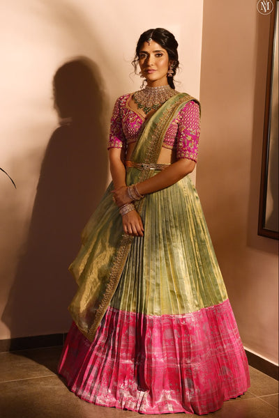 Sage Green And Rani Pink Kanchee Tissue Lehenga