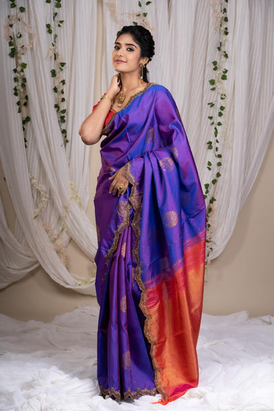 Royal Purple With Coral Pink Kanjeevaram Silk Saree With Blouse