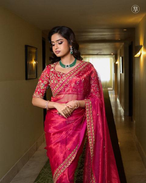 Pink Tissue Embroidered Saree With Blouse