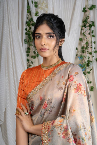 Ivory Grey Floral Tissue Saree