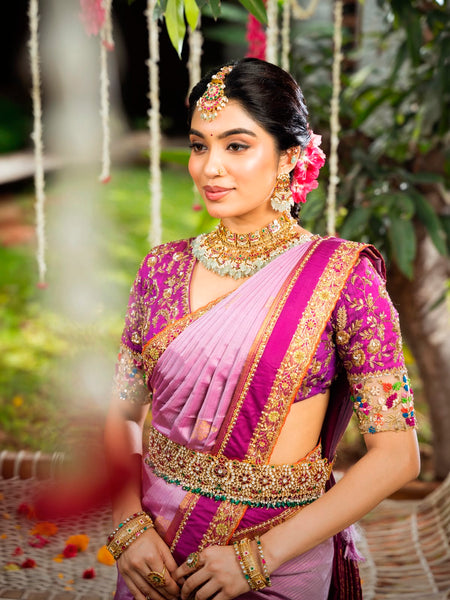 Lavender & Royal Magenta Kancheepuram Silk Saree – Double Border