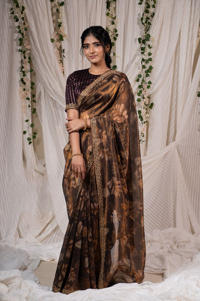 Coffee Brown Floral Tissue Saree