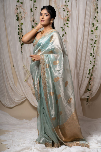 Aqua Mist Tissue Embroidered Saree With Blouse