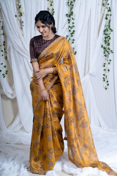 Mustard Yellow Floral Tissue Saree
