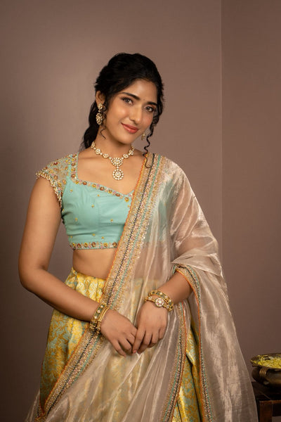 Aqua Breeze Blue With Mustard Gold Silk Lehenga