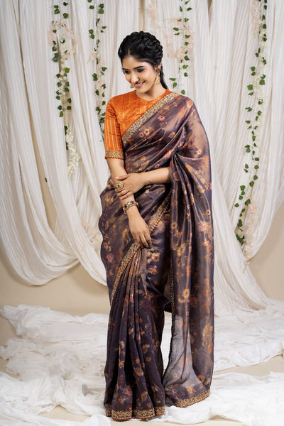 Deep Amethyst Floral Tissue Saree
