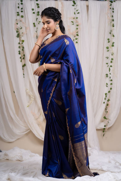Midnight Royal Blue Kanjeevaram Silk Saree With Blouse